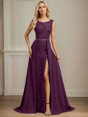 Sheath/Column Scoop Illusion Floor-Length Detachable Chiffon Lace Mother of the Bride Dress With Sequins Beading
