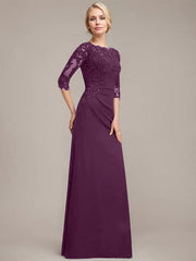 A-line Scoop Floor-Length Chiffon Lace Mother of the Bride Dress With Sequins Beading Pleated