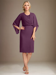 Sheath/Column V-Neck Knee-Length Lace Chiffon Mother of the Bride Dress With Sequins