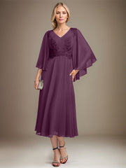 A-line V-Neck Tea-Length Chiffon Lace Mother of the Bride Dress With Sequins Beading