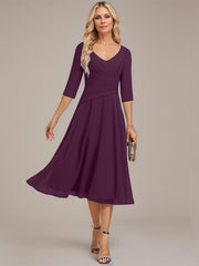 A-line V-Neck Tea-Length Chiffon Mother of the Bride Dress With Pleated