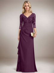 A-line V-Neck Floor-Length Lace Chiffon Mother of the Bride Dress With Cascading Ruffles