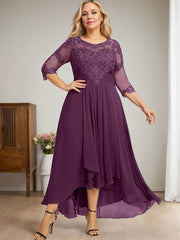 A-line Scoop Illusion Asymmetrical Lace Chiffon Mother of the Bride Dress With Cascading Ruffles
