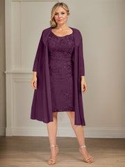Sheath/Column V-Neck Knee-Length Lace Chiffon Mother of the Bride Dress