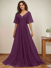 A-line V-Neck Floor-Length Chiffon Mother of the Bride Dress With Sequins Appliques Lace Pleated
