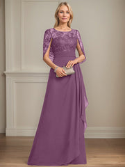 A-line Scoop Illusion Floor-Length Lace Chiffon Mother of the Bride Dress With Cascading Ruffles Sequins
