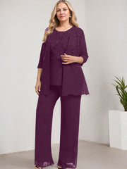 Separates Pantsuit Scoop Floor-Length Lace Chiffon Mother of the Bride Dress With Sequins