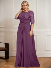 A-line Scoop Illusion Floor-Length Chiffon Lace Mother of the Bride Dress With Pleated Sequins Beading
