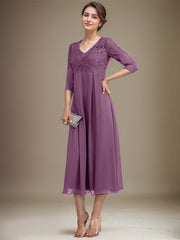A-line V-Neck Tea-Length Chiffon Lace Mother of the Bride Dress With Beading