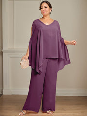 Separates Jumpsuit/Pantsuit V-Neck Floor-Length Chiffon Mother of the Bride Dress With Beading