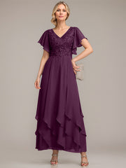 A-line V-Neck Ankle-Length Lace Chiffon Mother of the Bride Dress With Cascading Ruffles