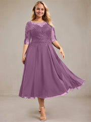 A-line Scoop Illusion Tea-Length Lace Chiffon Mother of the Bride Dress With Sequins
