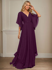 A-line V-Neck Floor-Length Chiffon Mother of the Bride Dress With Sequins Appliques Lace Beading
