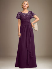 A-line Asymmetrical Illusion Floor-Length Lace Chiffon Mother of the Bride Dress With Cascading Ruffles Sequins
