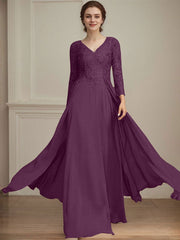 A-line V-Neck Floor-Length Lace Chiffon Mother of the Bride Dress With Sequins