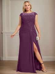 Sheath/Column Scoop Illusion Floor-Length Chiffon Lace Mother of the Bride Dress With Pleated Sequins Beading