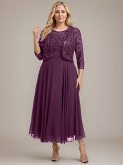 A-line Boat Neck Illusion Tea-Length Lace Chiffon Mother of the Bride Dress With Sequins