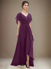 A-line V-Neck Asymmetrical Chiffon Mother of the Bride Dress With Sequins Beading Cascading Ruffles