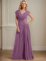 A-line V-Neck Floor-Length Chiffon Mother of the Bride Dress With Pleated Sequins Beading