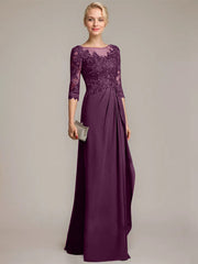 A-line Scoop Illusion Floor-Length Chiffon Lace Mother of the Bride Dress With Beading Sequins Cascading Ruffles