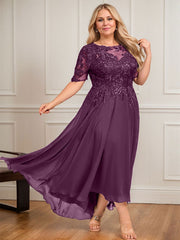 A-line Scoop Illusion Asymmetrical Lace Chiffon Mother of the Bride Dress With Sequins