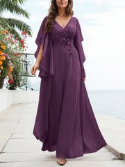 A-Line V-Neck Floor-Length Chiffon Mother Of The Bride Dresses With Appliques Lace