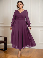 A-line V-Neck Tea-Length Chiffon Mother of the Bride Dress With Pleated