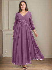 A-line V-Neck Ankle-Length Lace Chiffon Mother of the Bride Dress With Sequins