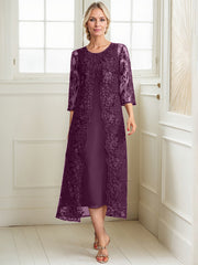 A-line Scoop Tea-Length Lace Chiffon Mother of the Bride Dress