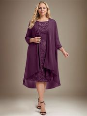 Sheath/Column Scoop Illusion Knee-Length Lace Chiffon Mother of the Bride Dress With Cascading Ruffles Sequins