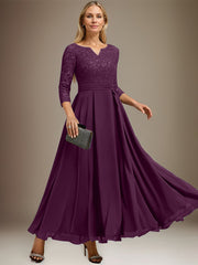 A-line V-Neck Ankle-Length Chiffon Lace Mother of the Bride Dress With Rhinestone