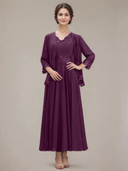 A-line V-Neck Ankle-Length Chiffon Mother of the Bride Dress With Sequins Appliques Lace Beading