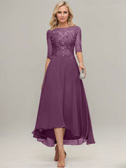 A-line Illusion Boat Neck Asymmetrical Chiffon Lace Mother of the Bride Dress With Sequins Beading