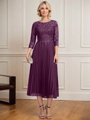 A-line Scoop Illusion Tea-Length Lace Chiffon Mother of the Bride Dress With Sequins Pleated