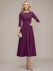 A-line Scoop Illusion Tea-Length Chiffon Lace Mother of the Bride Dress With Sequins Beading