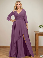 A-line V-Neck Floor-Length Chiffon Mother of the Bride Dress With Cascading Ruffles