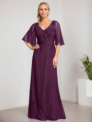 A-line V-Neck Floor-Length Lace Chiffon Mother of the Bride Dress With Sequins Beading
