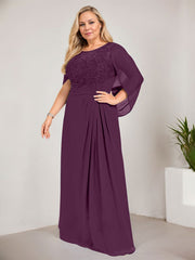 A-line Scoop Illusion Floor-Length Lace Chiffon Mother of the Bride Dress With Sequins Pleated