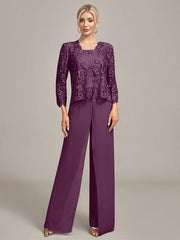 Silver Chiffon Pant and Lace Top Mother of The Bride Wide Pant Suits