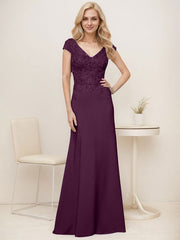 A-Line V-Neck Sweep Train Elastic Mother Of The Bride Dresses With Lace