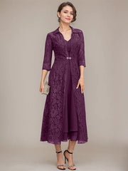 A-line V-Neck Tea-Length Chiffon Mother of the Bride Dress