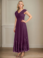 A-line V-Neck Ankle-Length Chiffon Mother of the Bride Dress With Bow Sequins Appliques Lace