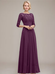 A-line Boat Neck Illusion Floor-Length Chiffon Lace Mother of the Bride Dress With Sequins Beading