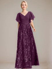 A-line V-Neck Floor-Length Lace Sequin Chiffon Mother of the Bride Dress With Pleated