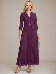A-line Collared V-Neck Ankle-Length Chiffon Mother of the Bride Dress With Beading Pleated