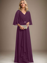 A-line V-Neck Floor-Length Chiffon Mother of the Bride Dress With Cascading Ruffles Crystal Brooch