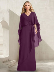 A-line V-Neck Floor-Length Chiffon Mother of the Bride Dress With Cascading Ruffles Beading