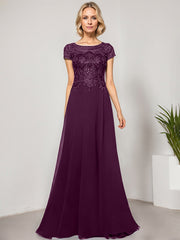 A-line Scoop Illusion Floor-Length Lace Chiffon Evening Dress With Sequins