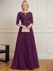 A-line Scoop Floor-Length Lace Chiffon Mother of the Bride Dress With Crystal Brooch Sequins