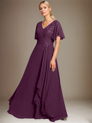 A-line V-Neck Floor-Length Lace Chiffon Mother of the Bride Dress With Cascading Ruffles Sequins